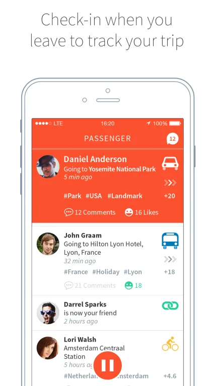 Phone outline showing a trip check-in list, headed "Check-in when you leave to track your trip".