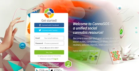 CannaSOS page 'Welcome to CannaSOS' with a hand holding a phone signup form and colourful illustrations.