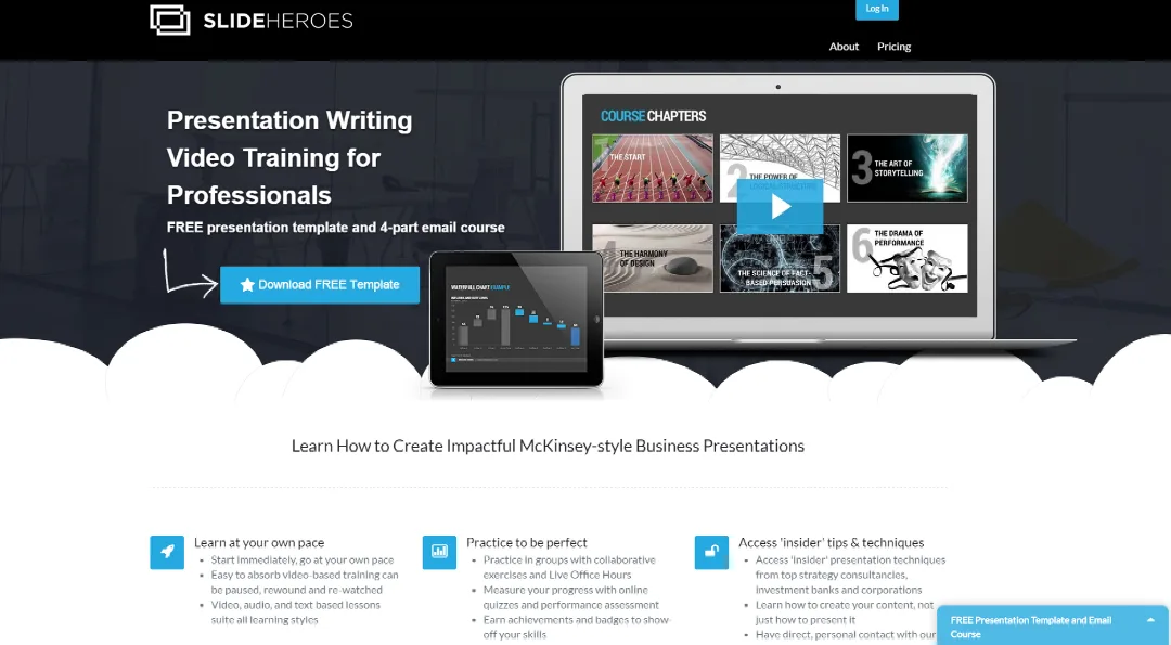 Homepage 'Presentation Writing Video Training for Professionals' with laptop and tablet mockups.