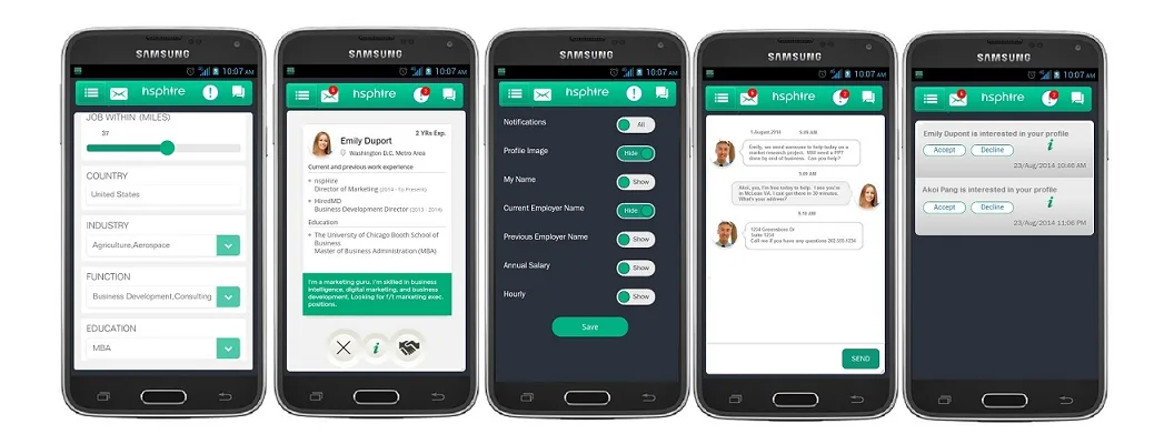 Five Android phones showing app settings and list screens.