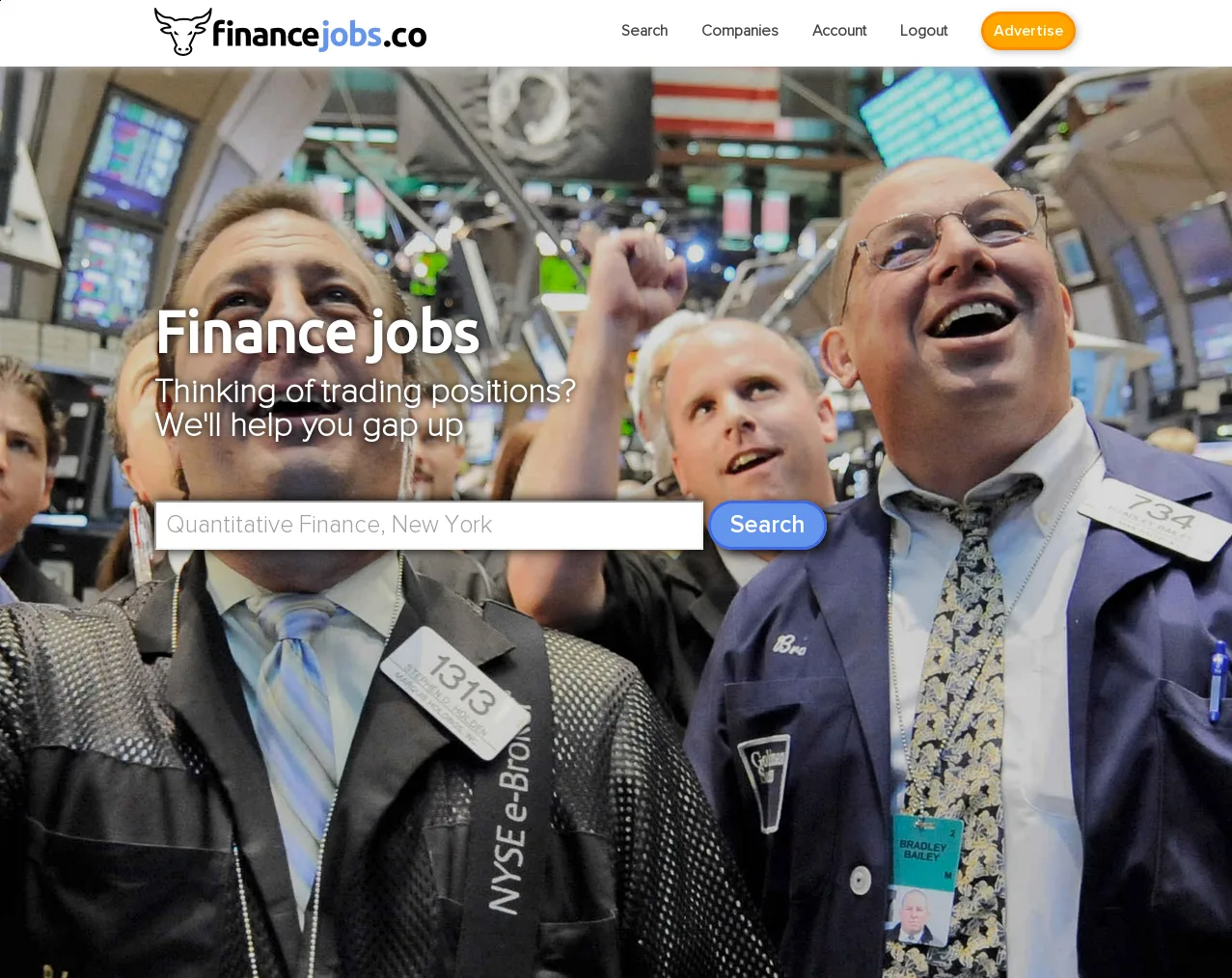 Financejobs.co hero 'Finance jobs' with a photo of traders on an exchange floor and a search box.
