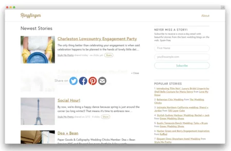 Wedding blog homepage with a 'Newest Stories' feed and newsletter sidebar.