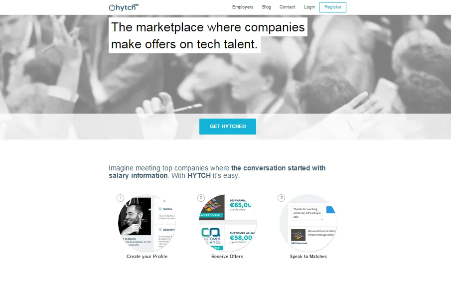 Landing page headlined "The marketplace where companies make offers on tech talent" with a profile, offers and matches row.