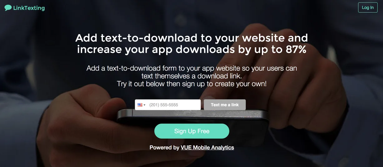 Dark landing page headlined "Add text-to-download to your website and increase your app downloads by up to 87%".