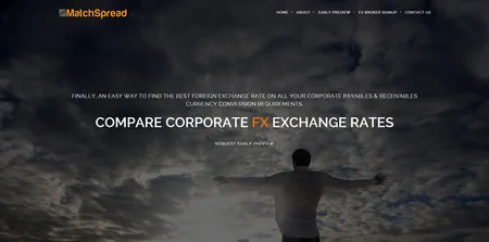 Dark landing page headlined "COMPARE CORPORATE FX EXCHANGE RATES" over a stormy sky.