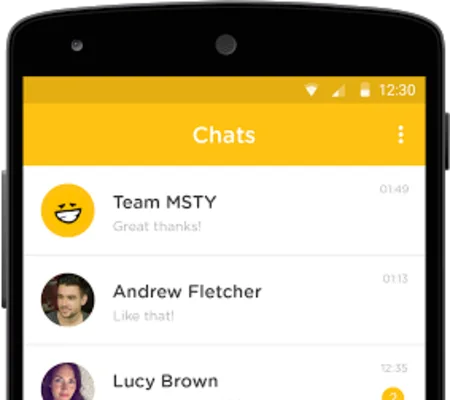 Android phone showing a Chats list with contact photos and message previews.