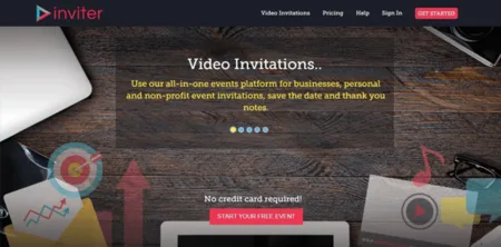 Dark landing page headed "Video Invitations" with a desk illustration and a start button.