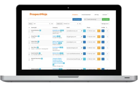 Laptop showing a prospect list table with contact details and action buttons.