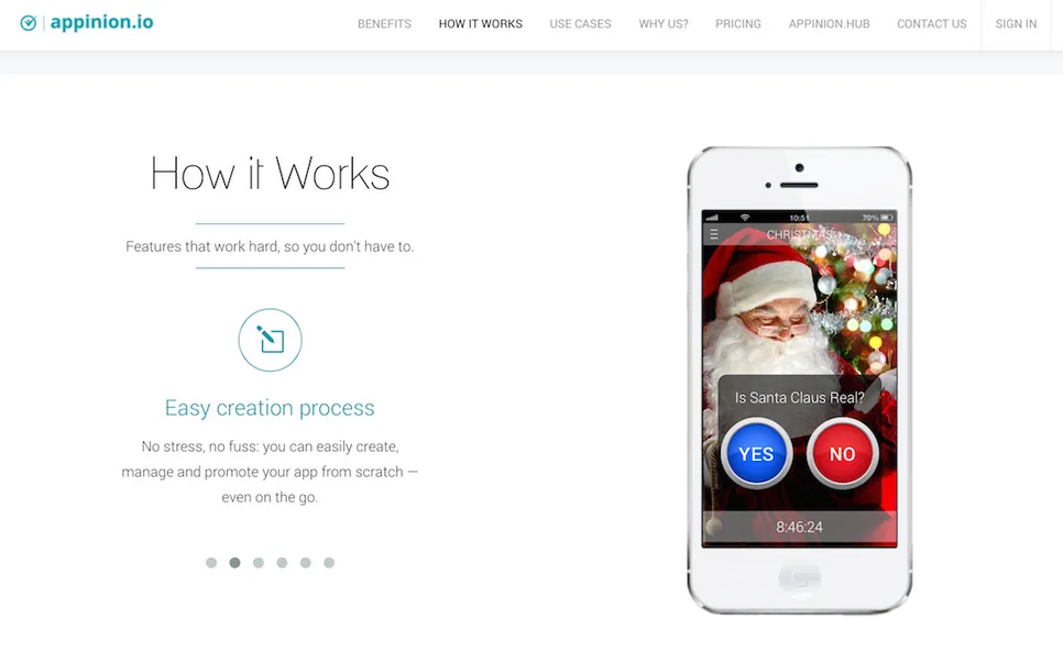 'How it Works' section beside an iPhone showing a Santa Claus photo poll with YES and NO buttons.