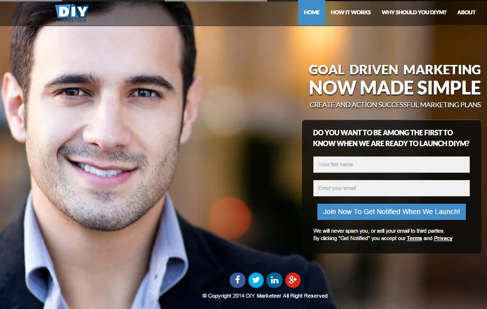 Close-up of a smiling man beside 'Goal driven marketing now made simple' and a signup form.