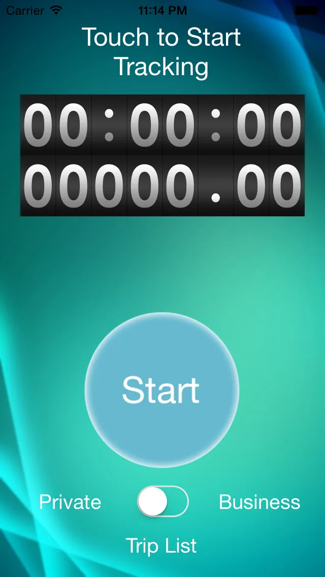 Phone screen with a trip timer at zero, a round Start button and a private or business toggle.