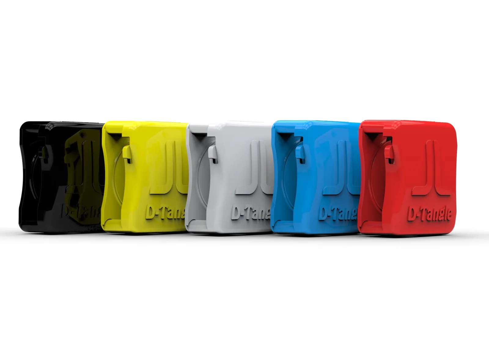 Product photo of five plastic cable winders in black, yellow, white, blue and red.