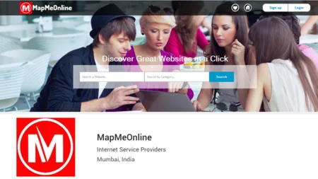 Page with a stock photo of young people at laptops, a website search box and a MapMeOnline listing card.