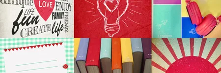 Collage of retro patterns with the words 'fun', 'love', 'life', 'create' and 'enjoy'.