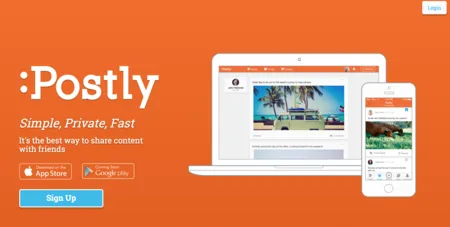 Orange landing page with the Postly name, the tagline "Simple, Private, Fast" and devices.