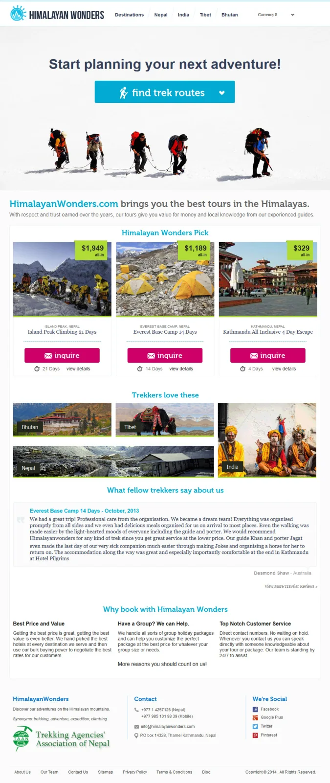 Full-length travel website capture with trip photo grids under "Start planning your next adventure".