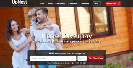 Homepage 'Never Overpay' with a father and son photo and an address form.