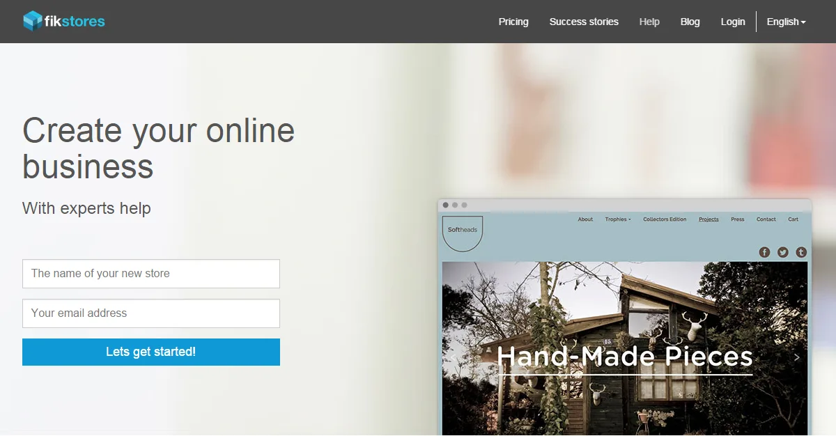 Landing page headlined "Create your online business" with a sign-up form and a store preview titled "Hand-Made Pieces".