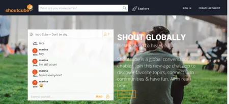 Homepage 'Shout Globally' with a chat panel over a park photo.