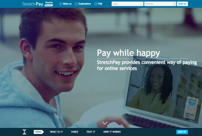 Homepage 'Pay while happy' with a young man smiling.