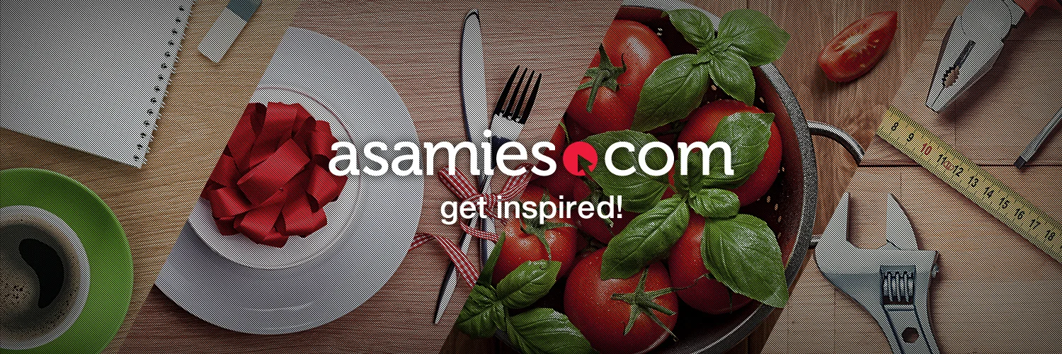 Twitter header banner with 'asamies.com get inspired!' over a photo of strawberries and food.