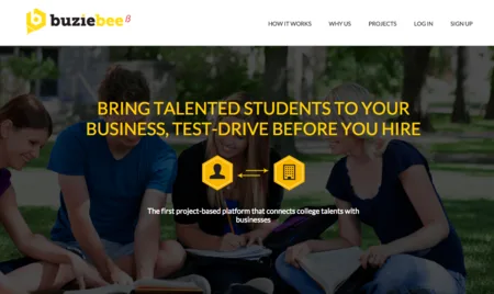 Buziebee hero 'Bring talented students to your business, test-drive before you hire' over students on grass.