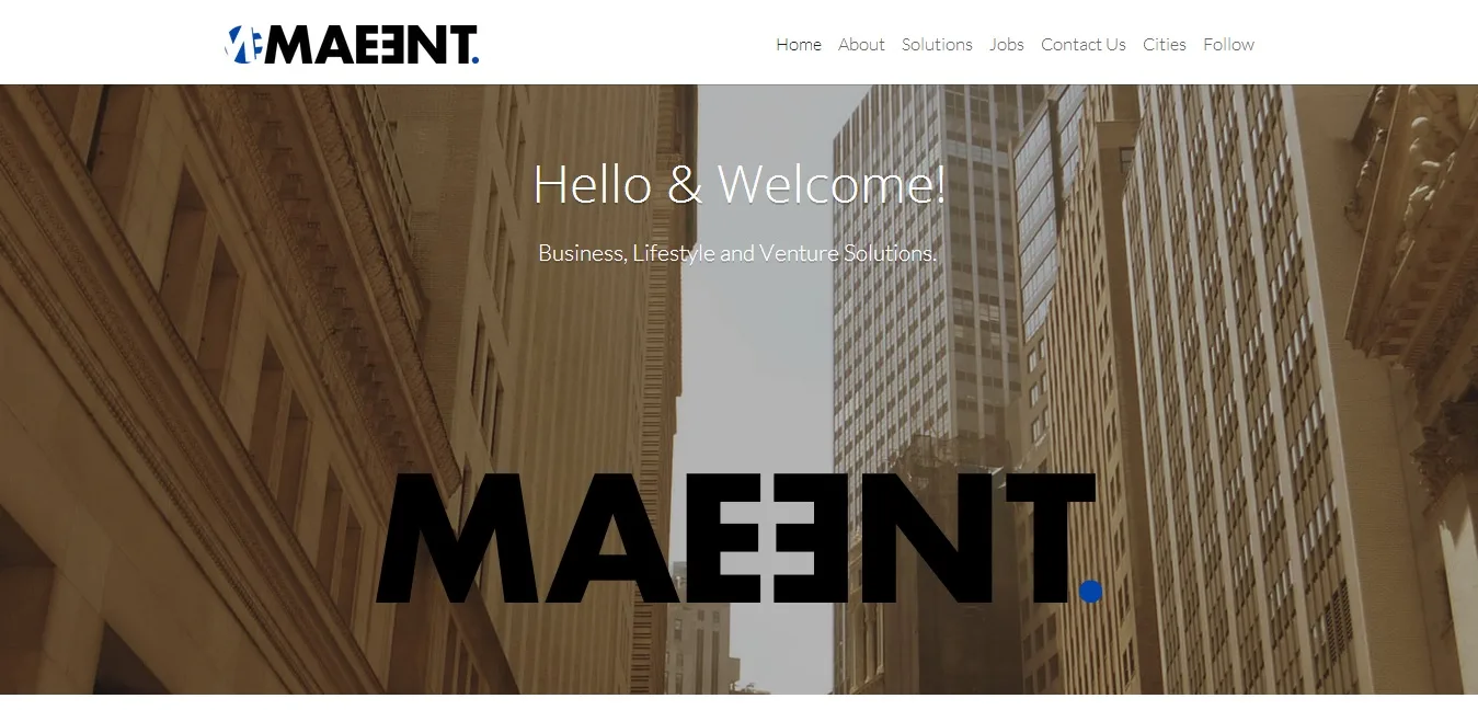 Landing page with a tall building photo, "Hello & Welcome!" and the MAEENT wordmark.