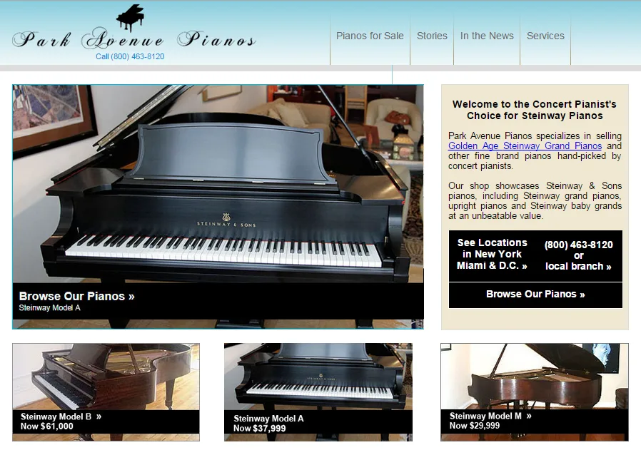 Piano dealer website with a grand piano photo, text panels and a row of piano listings.