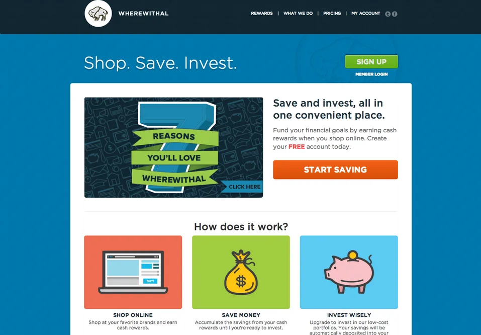 Homepage 'Shop. Save. Invest.' with a 'How does it work?' section.