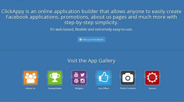 Blue ClickAppy page describing an online app builder with a row of App Gallery icons.