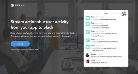 Landing page 'Stream actionable user activity from your app to Slack' with a Slack message feed mockup.