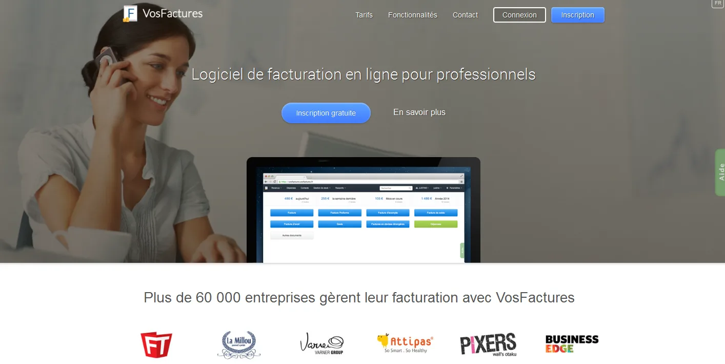 Homepage 'Logiciel de facturation en ligne pour professionnels' with a woman on a phone and a laptop.