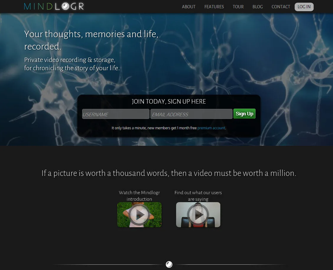 Dark landing page headlined "Your thoughts, memories and life, recorded." with a sign-up form and video thumbnails.