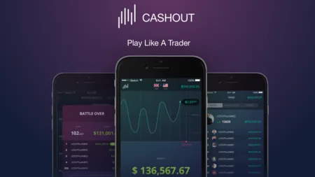 CASHOUT 'Play Like A Trader' header above three phones showing a dark trading app.