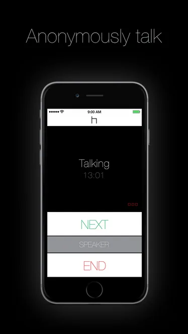 Black phone on a dark background showing a call screen with Next and End buttons, headed "Anonymously talk".