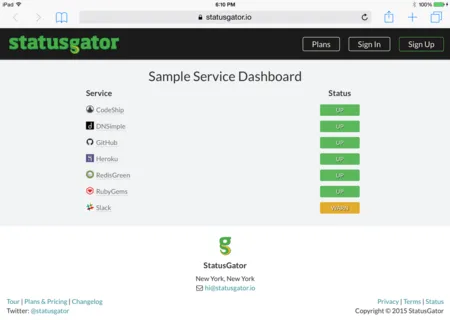 IPad browser showing 'Sample Service Dashboard' listing services with green status labels.
