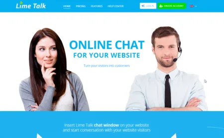 Landing page headlined "ONLINE CHAT FOR YOUR WEBSITE" with stock photos of a woman and a man wearing headsets.