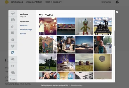File upload widget showing an Instagram 'My Photos' grid over a dimmed page.