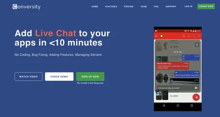Blue Conversity page 'Add Live Chat to your apps in <10 minutes' beside a phone.