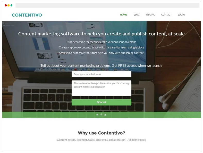 Contentivo hero 'Content marketing software to help you create and publish content, at scale' with a signup form.