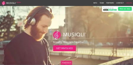 Landing page with a photo of a man wearing headphones and the text "MUSIQLI Bringing Musicians Together".