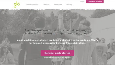 Grey glo page about wedding invitations and websites with a 'Get your party started' button.