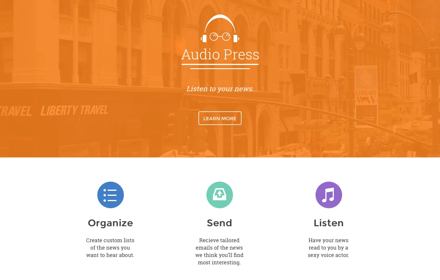 Orange Audio Press hero with a headphones icon and three features: Organize, Send, Listen.