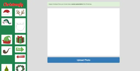 Christmafy photo editor with a blank canvas, an 'Upload Photo' button and a sidebar of Christmas stickers.