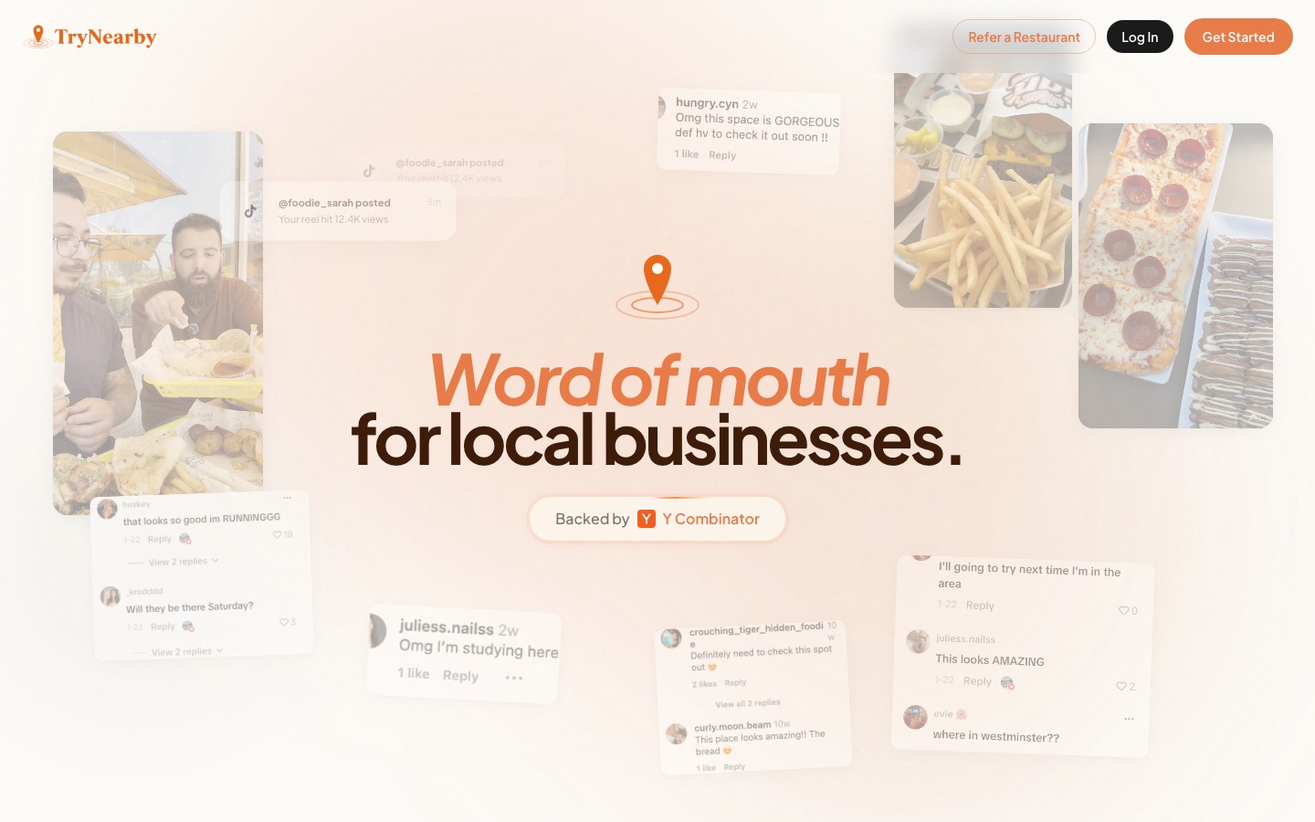 The TryNearby homepage, "Word of mouth for local businesses", framed by diners' posts and food photos