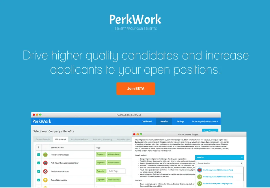 Blue landing page headlined "Drive higher quality candidates and increase applicants" above an app screenshot.
