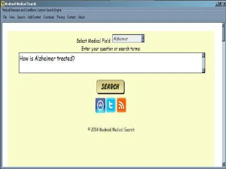 Windows desktop application window for medical search with the query "How is Alzheimer treated?".