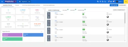 Booking management dashboard with a blue header, a left menu and schedule tables.