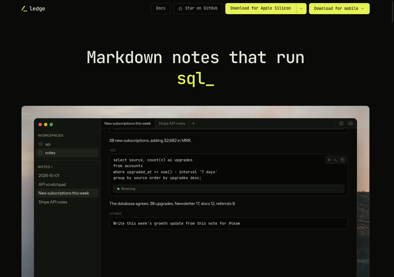 The Ledge landing page with the notebook example and the platform download list