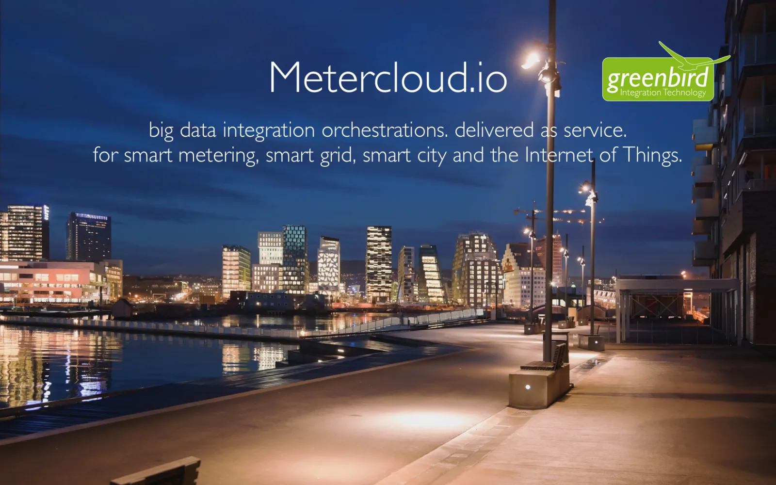 Metercloud.io text over a night waterfront city photo with the greenbird logo.
